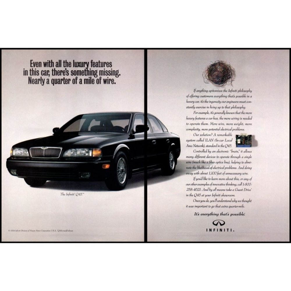 1994 Infiniti Q45 Luxury Sedan 2 Page Vintage Print Ad Wire Bird's Nest Wall Art